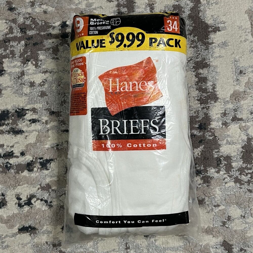 Vintage Hanes Briefs Men Sz 34 White Cotton Underwear 9 Pack Deadstock 2000 Y2K
